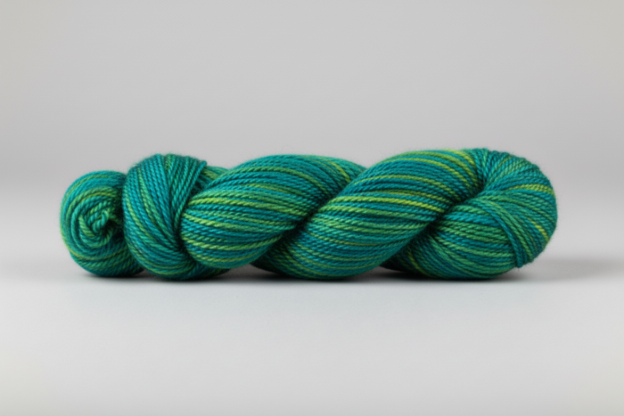 Variegated Turquoise and green skein of yarn on a light gray background