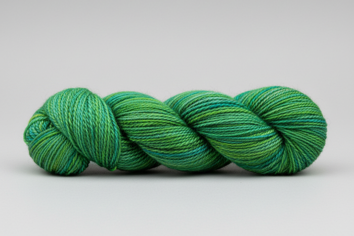 Variegated Green skein of yarn on a white background