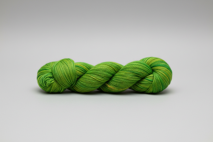 Variegated Lime Green skein of yarn on a gray background