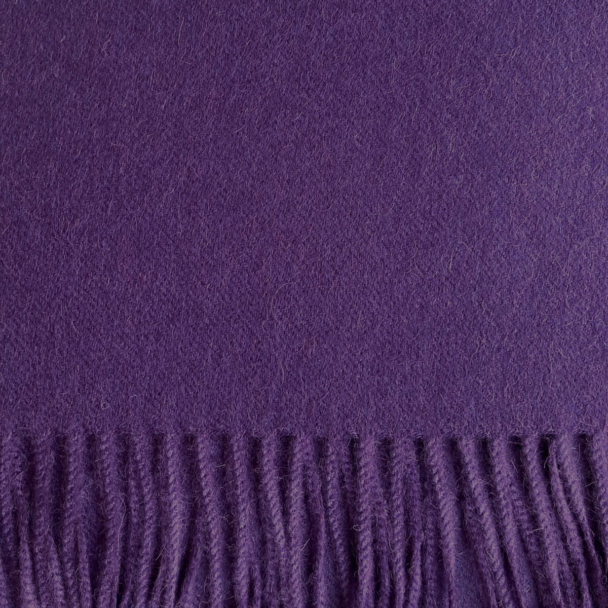 A close-up of a solid purple woven textile with fringe along the bottom edge.