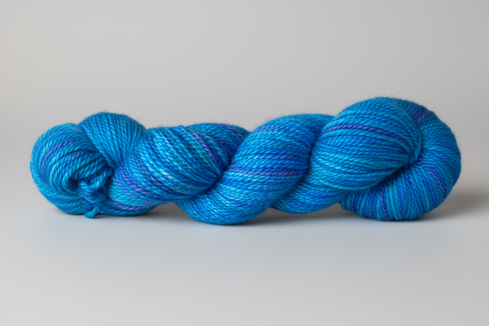 Variegated blue yarn on white background