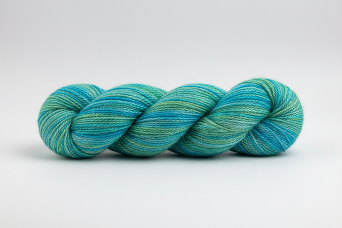 Turquoise and green skein of yarn on a white background