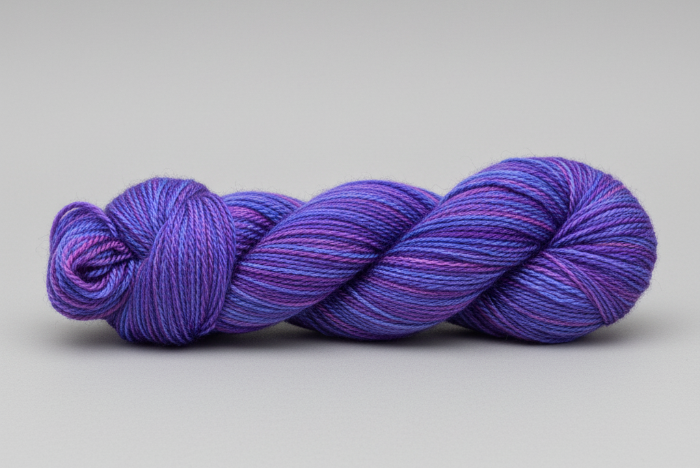 Blue and purple skein of yarn on a white background