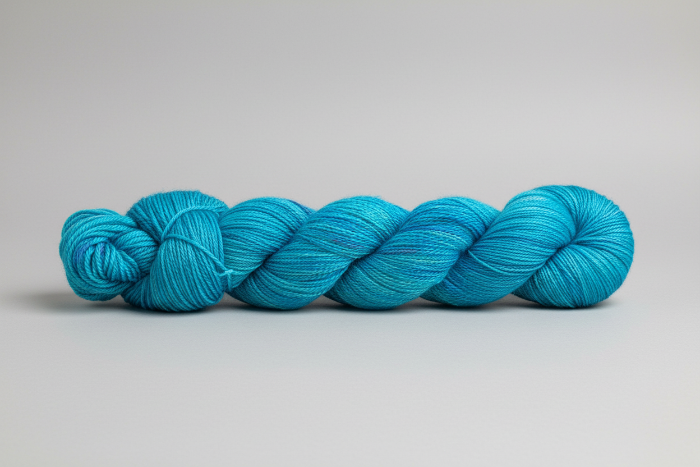 Variegated turquoise blue yarn on white background
