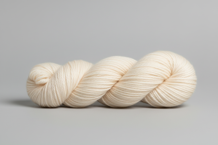 skein of ivory white yarn on a gray background