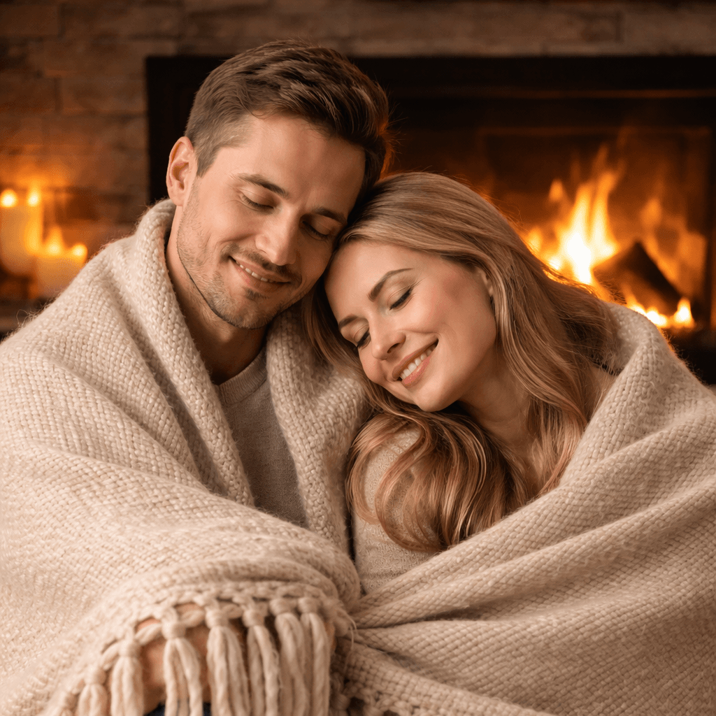 Couple wrapped in a alpaca throw in front of a fireplace